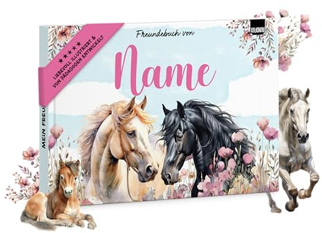 Pferde Freundebuch – personalisierbar für kleine Pferdefans | Rundfux® | Individueller Name auf dem Cover, Freundeseiten, Fotos, Geburtstage, Erinnerungen, Geschenk für Mädchen