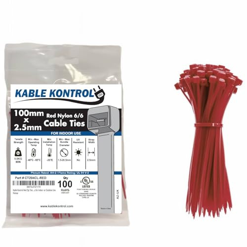 Kable Kontrol Red Cable Ties, 100 mm x 2.5 mm, Pack of 100, 4 Premium Nylon Zip Ties, Multi-Purpose Plastic Tie Wraps, Secure Self-Locking Mechanism, for Home, Garden, Office and DIY | Nylon Plastic, Self Locking, UL Listed, Indoor Use