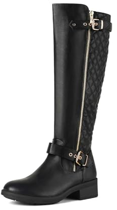 DREAM PAIRS Women's Knee-High Boots Comfortable Chunky Block Heel Round Toe Side Zipper Riding Fashion Buckles Biker Motorcycle Boots,Size 10,Black,UTAH
