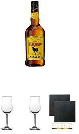 Osborne Veterano Solera 1,0 Liter + 2 Bugatti Nosing Gläser mit Eichstrich 2cl und 4cl + 2 Schiefer Glasuntersetzer eckig ca. 9,5 cm Ø