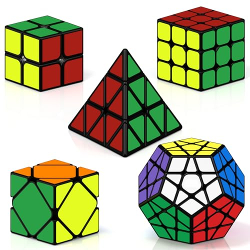 ROXENDA Zauberwürfel Set 2x2 3x3 Pyramide Megaminx Skewb Speed Cube Set Sammlung Puzzles mit Würfel Tutorial für Kinder und Erwachsene, [5er Pack] (Aufkleber)