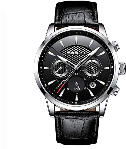 CRRJU Uhr Herren Schwarz Lederarmband Armbanduhr Chronographen Herrenuhr | Datumsanzeige, Quarz Uhren, Wasserdichte, Business Sport, Stoppuhr, Alltag Büro, Geschenk für Männer, Studentenuhr
