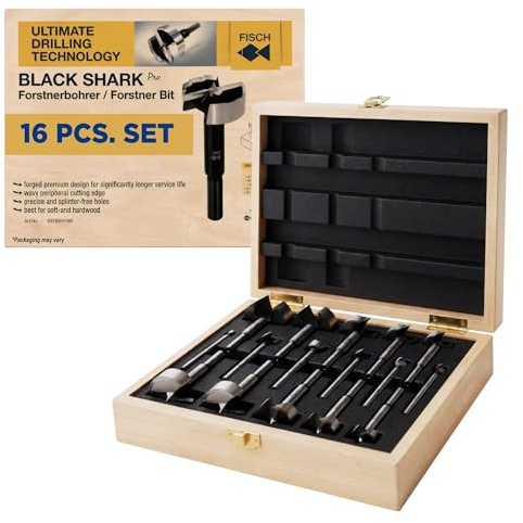 Fisch Black Shark Forged Steel Forstner Drill Bit for Woodworking, Precision Wave Design, Clean Cuts in Hardwoods, MDF, and Plywood, Made in Austria, 16 Pcs. Set Inc.(1/4 to 2-1/8) in a Box