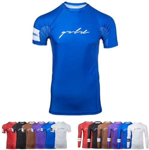 Gold BJJ Foundation Rash Guard - Ranked No-Gi and Gi Jiu Jitsu Rashguard (Short Sleeve, Blue, M)