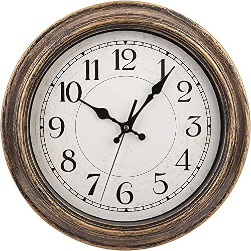 WUWEOT 12-Inch Retro Wall Clock, Vintage Round Decorative Wall Clock, Silent Non-Ticking, Battery Operated Movement, Easy to Read, Decorative for Home/Living Room/Bedroom/Kitchen/Office, Antique Gold