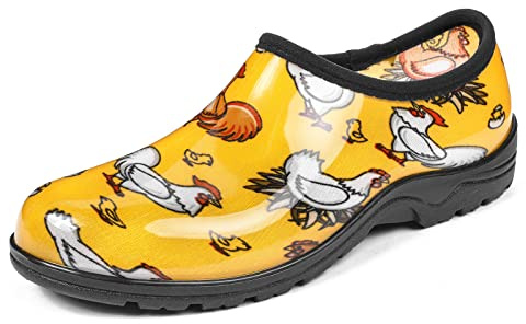 DKSUKO Waterproof Garden Shoe for Women Outdoor Slip-On Rain Boots Short Ankle Work Shoes and Garden Clogs with Comfort Insole(Yellow Chicken,9)