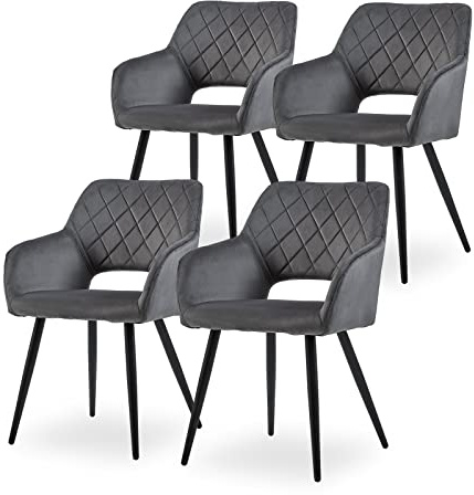 CLIPOP Esszimmerstühle 4er Set, Polsterstühle mit Armlehnen, Metallbeine, Samtbezug, Samt Dunkelgrau, bis 150 kg belastbar, für Arbeitszimmer, Wohnzimmer, Schlafzimmer (4er, Samt Dunkelgrau)