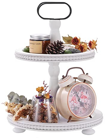Urban Deco Wooden Decorative Tray Two Tiered Trays Decorations Round Serving Tray with Metal Handle, Wooden Cupcake Stand for Party Tiered Dessert Stand - Retro White Farmhouse Wood Tray