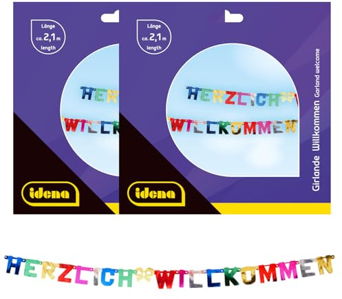 Idena 90117 - Herzlich Willkommen Girlande, 2 Stück, Geburtstagsdeko, Kindergeburtstag