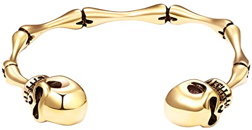 JewelryWe Schmuck Herren Armband, Gegenüber Totenkopf Schädel Draht geflochten Offen Armreif Armspange, Edelstahl, Gold Silber