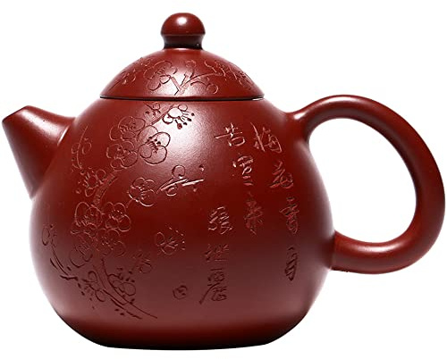 fanquare 220ml Handgemachte Chinesische Yixing Zisha Teekanne, Dracheneiförmige Teekanne mit Pflaumenblüte Muster，Versschnitzerei Keramik Kungfu Tee-Set