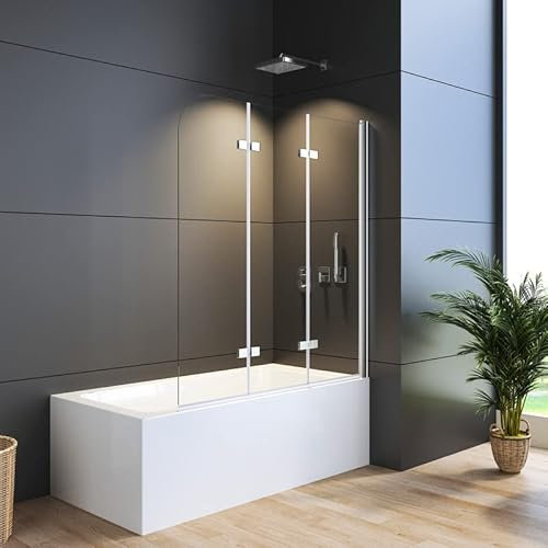 WDWRITTI Duschwand für Badewanne 120x140cm 3-teilig faltbar Duschabtrennung, Dreiteilige Duschtrennwand mit 6mm ESG Easy-Clean Sicherheitsglas, Faltwand für Badewanne