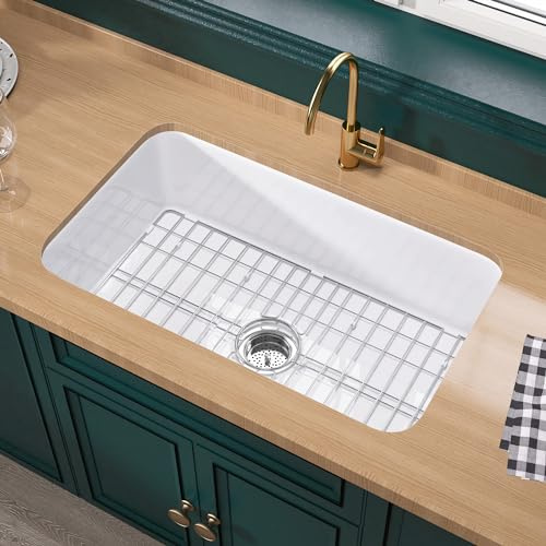 Miuara White Undermount Kitchen Sink 32 Inch - Large Topmount Fireclay Drop In Sink 32x19x10, Dual Mount Heavy Duty Deep Single Bowl, with 2 Custom Accessories, Glossy White, for Kitchen