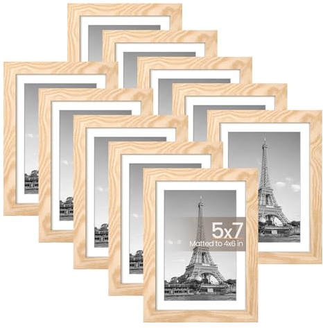 upsimples 5x7 Picture Frame Set of 10, Display Pictures 4x6 with Mat or 5x7 Without, Multi Photo Frames Collage for Wall or Tabletop Display, Natural