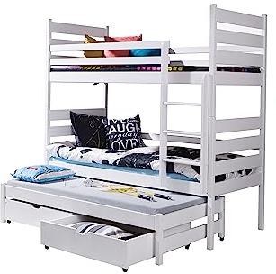 KEF Tobi Etagenbett Kinder 80x160 cm - Etagenbett 3 Personen - Holz Kinderbett - für DREI Kinder - mit Schubladen - Ausziehbares Drittes Bett - mit Matratze - Weiß