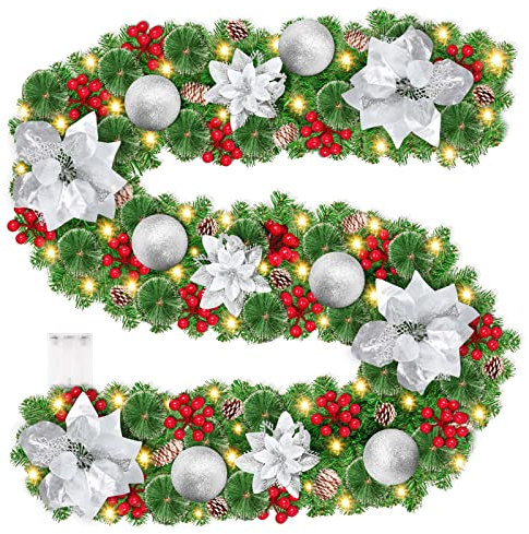 Weihnachtsgirlande mit Beleuchtung, 2.7M Girlande Weihnachten Batterie 30LED Warmweiß Tannengirlande mit Beleuchtung, Weihnachtsdeko Balkon Christmas Garland für Treppengeländer Tür Kamine Innen Außen