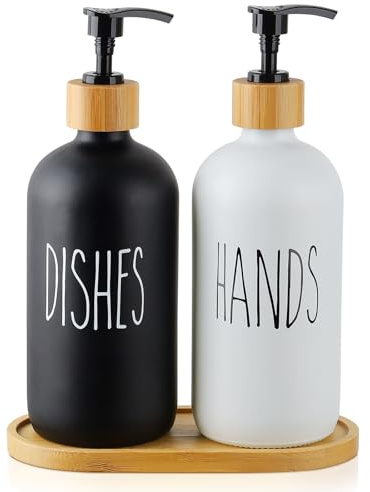 Chuboir Seifenspender aus Glas, 2er-Set, Spülseifenspender und Handseifenspender mit Bambusschale, 473 ml, nachfüllbarer Flüssig-Handglasspender für Badezimmer, Arbeitsplatte, Küche, Waschküche