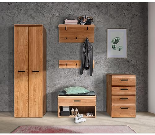 Lomadox Flur Garderoben komplett Set Dielenschrank Garderobenpaneel Hakenleiste Bank Kommode in Eiche massiv geölt, B/H/T: ca. 230/200/39 cm