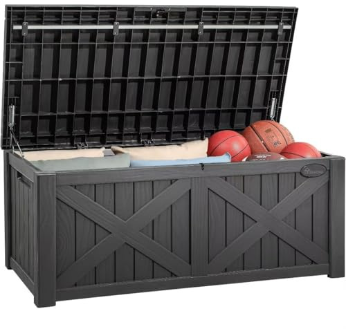 YITAHOME 150 Gallon Large Deck Box with X-Shaped Front, Resin Outdoor Storage Boxes, Waterproof Cushion Storage Bench for Patio, Pool Supplies, Garden Tools - Lockable, Dark Gray