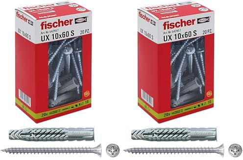 Fischer 20 Tasselli UX con vite, 10 x 60 mm, per Muro pieno, Mattone Forato, Cartongesso, 542457 (Confezione da 2)