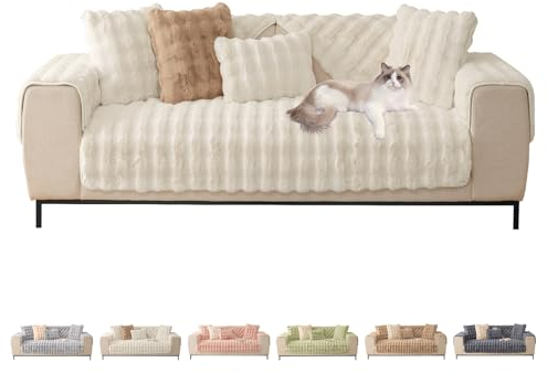 ShowyLive Sofa überzug Sofabezug 3/2/1/4 Sitzer Ecksofa L Form Sofaüberwurf Super Weiche Dicke Flauschige Couch Bezug Sofaschoner rutschfest Hund Katze (Beige, 90 * 240 cm)