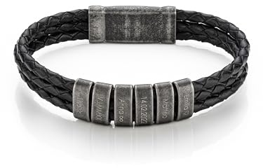 MYCLUSIV® Personalisiertes Lederarmband für Herren mit Namen auf Oxid-Beads - Armband mit Gravur - Geschenk für Männer - Männerarmband - Geschenk für Papa