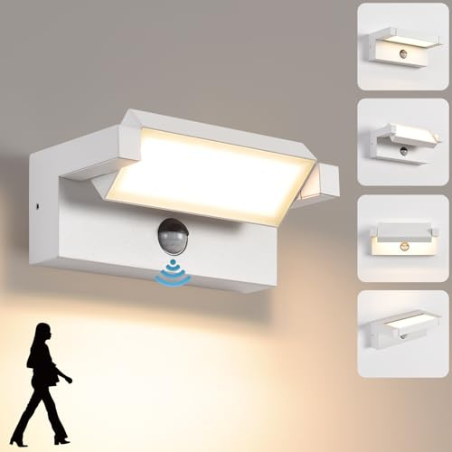KUKAK Applique Murale Extérieur/intérieur avec Détecteur de Mouvement，22W Moderne Éclairage Lampe avec LED Panneau Rotatif Imperméable IP65 3000K blanc chaud,Luminaire Murale pour Entrée Jardin,Blanc