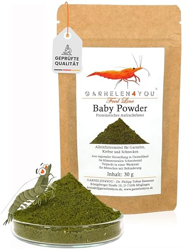 GARNELEN4YOU Baby Powder – Alimento ricco di proteine per gamberetti – Mangime per la polvere fine con proteine animali e vegetali, alghe, erbe e minerali – Made in Germany – 30 g