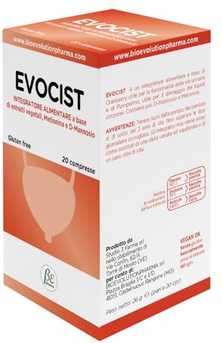 EVOCIST - Integratore Alimentare per la Funzionalità delle Vie Urinarie, Adatto anche ai Vegani, Senza Glutine e Naturalmente Privo di Lattosio, Made in Italy, 20 Compresse