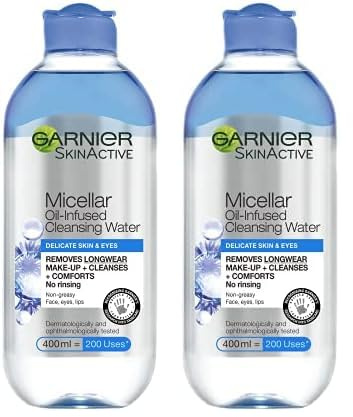 Garnier Micellar Cleansing Water For Delicate Skin 400ml, Cleanser & Makeup Remover For Delicate Skin & Eyes, Recognised By The British Skin Foundation, Use With Reusable Micellar Eco Pads (Pack of 2)