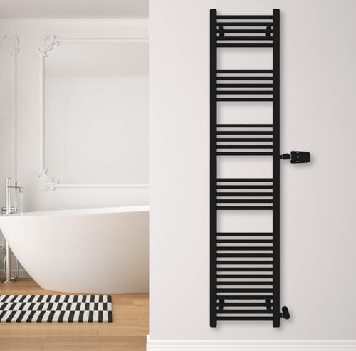 SHV Badheizkörper Andromeda Seitenanschluss schwarz matt | Heizkörper für Badezimmer, Handtuchhalter für Wand im Bad, Handtuchheizkörper, hochwertiger Handtuchtrockner (400x1800 (Anschluss 900) mm)