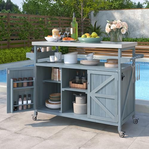 Jintop 50.25 Kitchen Island Rolling Bar Cart & Storage Cabinet,Farmhouse Solid Wood Outdoor Grill Table with Stainless Steel Top and Spice, Towel Rack for BBQ,Grey Blue