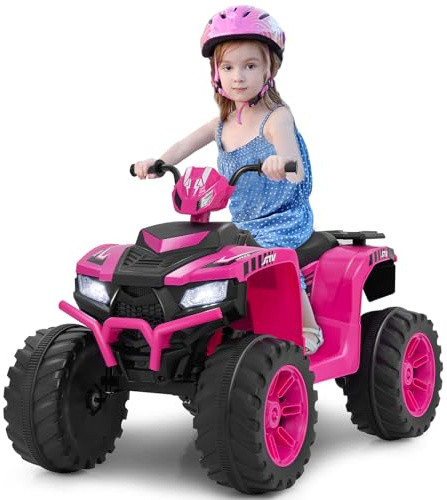 COSTWAY 24V Elektro Kinderquad, Elektroquad mit drahtloser Verbindung, Musik, Radio, Profilreifen, LED-Leuchten, 2 Geschwindigkeiten, Elektro Quad für Kinder von 3 bis 8 Jahren (Rosa)