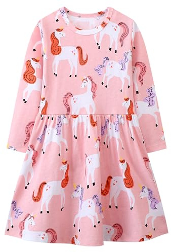 FILOWA Vestido para Niña Infantil Rosa Unicornio Estampas Primavera Disfraz Mangas Larga Dibujos Vestidos Animal Patrón Algodón Casual Ropa Otoño Playa Fiesta Escuela Ocio Cumpleaños Niños 4-5 años