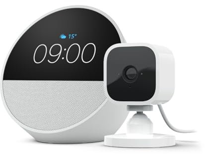Echo Spot | Glacier White + Blink Mini Indoor smart security camera with night vision (White) | Smart Home Starter Kit