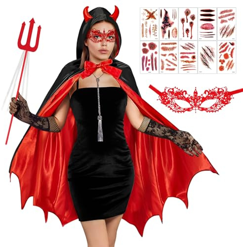 BGTLJKD Mantello Diavolo Donna, Mantello da Vampiro di Halloween, Reversibile Nero Rosso Mantello con Forchetta del Diavolo, Adesivi per Tatuaggi, Maschera per Gli Occhi in Pizzo, Guanti in Pizzo