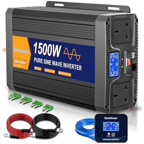 Starkbaer 1500W Pure Sine Wave Inverter 24V to 240V/230V Converter Car Power Inverter, with 2 UK G sockets & 2 USB​, 5m Remote Controller, LCD Display, for RV, Camping, Emergency, Truck, Off-Grid