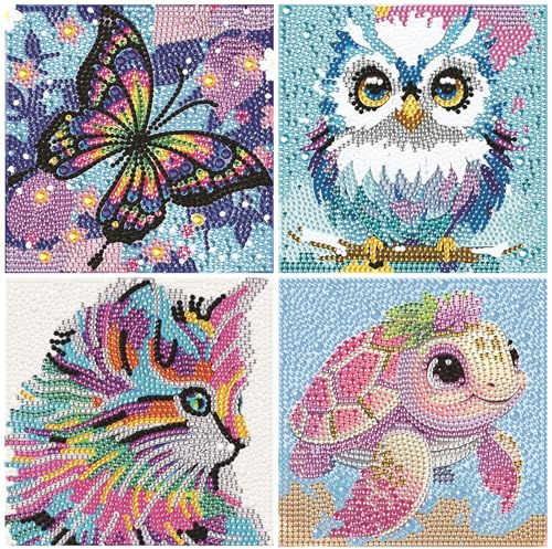RLXMARTD 4 Pack 5D Cartoon Diamond Painting Kits for Kids, Animal Diamond Mosaic Art Kits,15X15CM Full Drill Gem Painting for Boys,Girls, Beginners,No Frame(Butterfly+Cat+Sea Turtle+Owl)