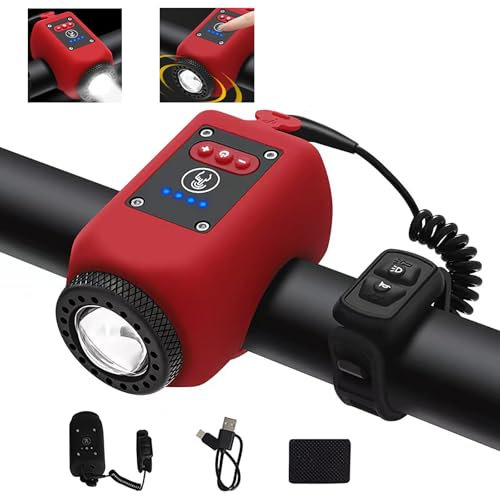 TINGSING Klaxon de Vélo Électronique avec Lumière, Mini Sonnettes Électrique Vélo à 6 Sons, Phare Rechargeable USB-C E-Bell, Volume Réglable/4 Modes D'éclairage/Résistant à l'eau (Rouge)