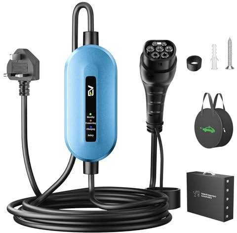 EVJUICION EV Charger Cable Type 2 to 3 Pin Plug 8M Total Length, [2.3kW, 10A] Electric Car Charger IP67/IP65, Type 2 Charging Cable 3 Pin, with LED Indicators, for Type 2 EVs and PHEVs (Blue)