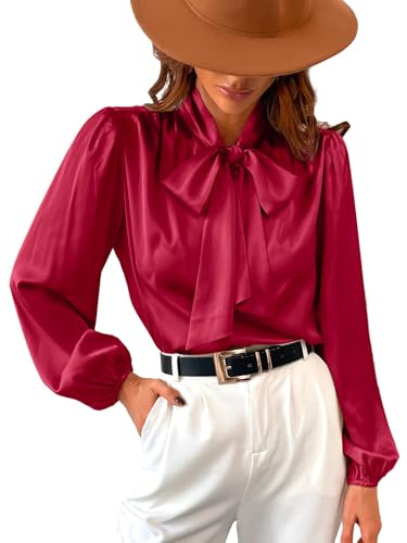 CUPSHE Satin Shirt Top for Women Bow Tie Long Sleeve Shiny High Neck Work Casual Blouses