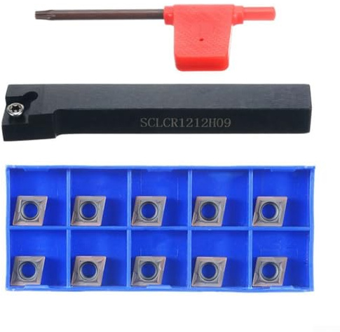 Drehmeißel-Set, SCLCR1212H09, 12 x 100 mm, Drehmaschinen-Werkzeughalter mit 10 Stück CCMT09T304 Hartmetall-Einsatz, für Halbbearbeitung und Endbearbeitung