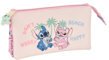Stitch Beach - Portatodo Triple, Estuche Infantil, Estuche Niño, Ideal para Niños en Edad Escolar, Cómodo y Versátil, Calidad y Resistencia, 22x3x12 cm