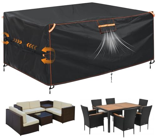GARPROVM Patio Furniture Covers Waterproof, 200x165x80cm Outdoor Furniture Cover, 420D Garden Sofa Cover with Vent, Straps, Handles, Buckles, Drawstring, Black + Orange Stitching + Reflective Strips