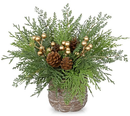 Arborus Künstliche Weihnachtspflanze Rustikal Tischdeko Weihnachten | Weihnachtsgesteck Künstlich im Topf Tannenzapfen Weihnachtsschmuck Balkon Fensterbank Regal Dekor im Wohnzimmer Schlafzimmer