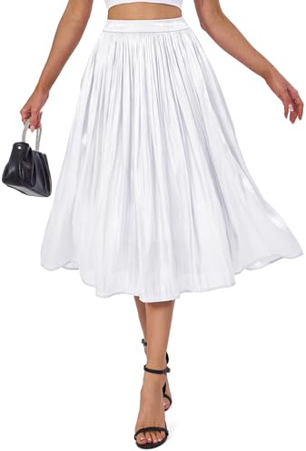Eisnnu Damen Rock Sommer Midi Lang Glänzender Rock Elastische Taille A-Linie Elegant Hohe Taille Midi-Faltenrock (DE/NL/SE/PL, Alphanumerisch, M, Regular, Regular, Weiß)