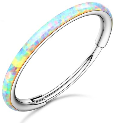 BodyBonita Hinged Opal Septum Rings - 20G 316L Surgical Steel Nose Ring for Women Conch Piercing Jewellery Helix Daith Cartilage Earring White Opal 8 mm Silver