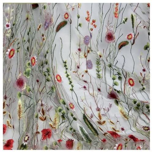 BrightGlow Blumen Bestickter Spitzenstoff Tüll Stoff Breite 150cm Bunte Netzstoffe Dekostoff Stoff zum Nähen Bekleidungszubehör Kostümstoff Tüllstoff für Party Kleidung DIY Nähen Weiß 1 Yard