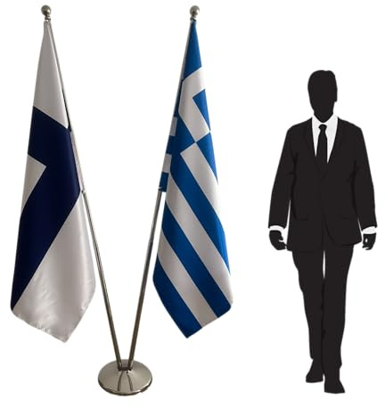 Ensemble drapeaux Grèce et Finlande – Mâts en inox avec pied et socle décoratif – Kit intérieur pour bureaux, ambassades, institutions et événements officiels. Code CN3-FI-GR