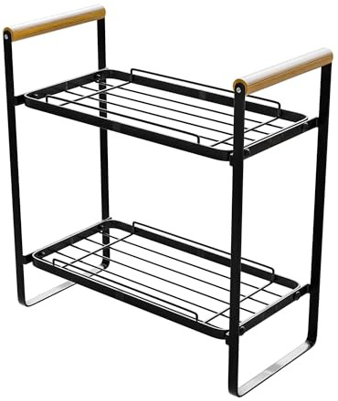 Amig - Estante de Almacenamiento Portátil - Organizador de 2 Niveles para Cocina o Baño - Acero Negro y Bambú - Almacenamiento de Tarros, Botes o Accesorios - Medidas: 26 x 13 x 28,7 cm